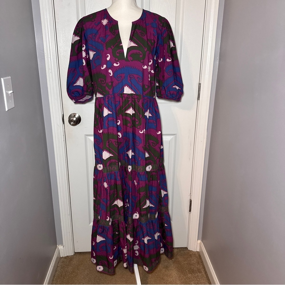 Oliphant Purple Magenta Effortless Uzbek Tiered Dress with Puff Sleeves